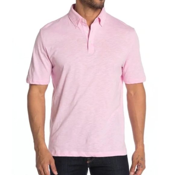 Thomas Dean Mens Short Sleeve Woven Polo Shirt in Pink Size XL - Picture 1 of 11